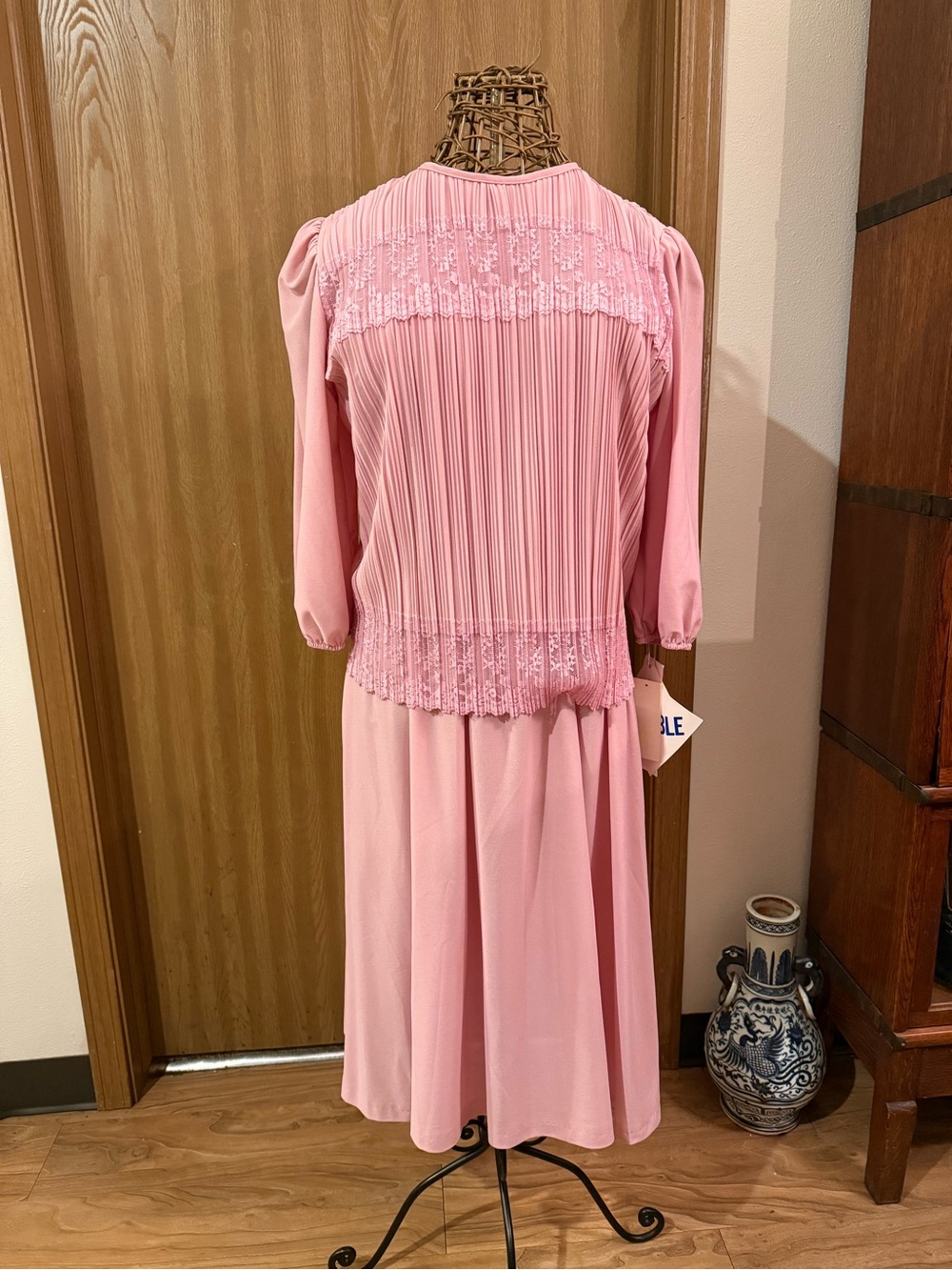 NWT Vtg Good Times USA Pink Accordion Pleat Lace Drop Waist Dress 16P Deadstock